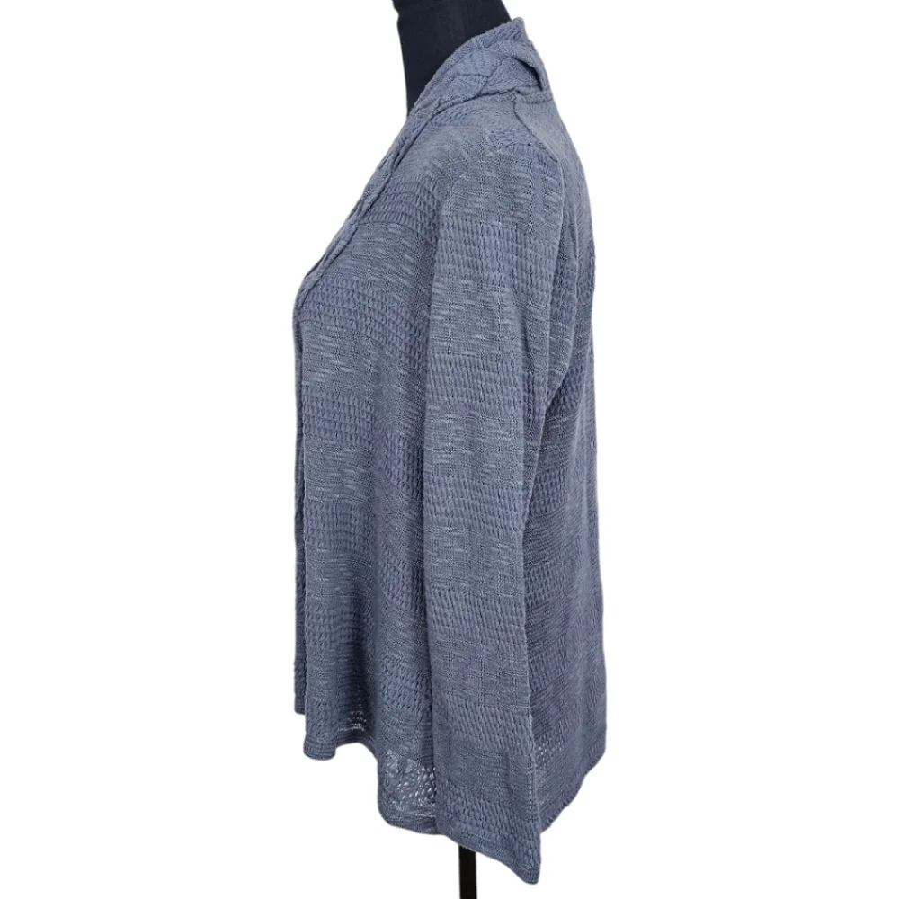 Anthropologie One September Blue Boho Braided Neck Pointelle Knit Open Cardigan